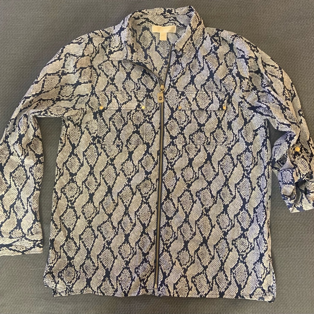 Michael Kors Navy and White Snakeskin Zip-up Blouse